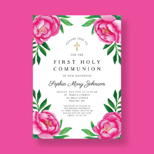 Floral Wasserfarbe Rosa Zwiebeln Erste Kommune Einladung