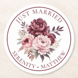 Floral Wasserfarbenpeony Just Married Wedding Runder Pappuntersetzer