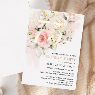 Floral Watercolor 75. Geburtstagsparty Rose Gold Folieneinladung