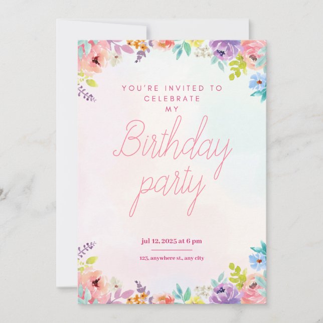 Floral watercolor adults birthday invitation einladung (Vorderseite)