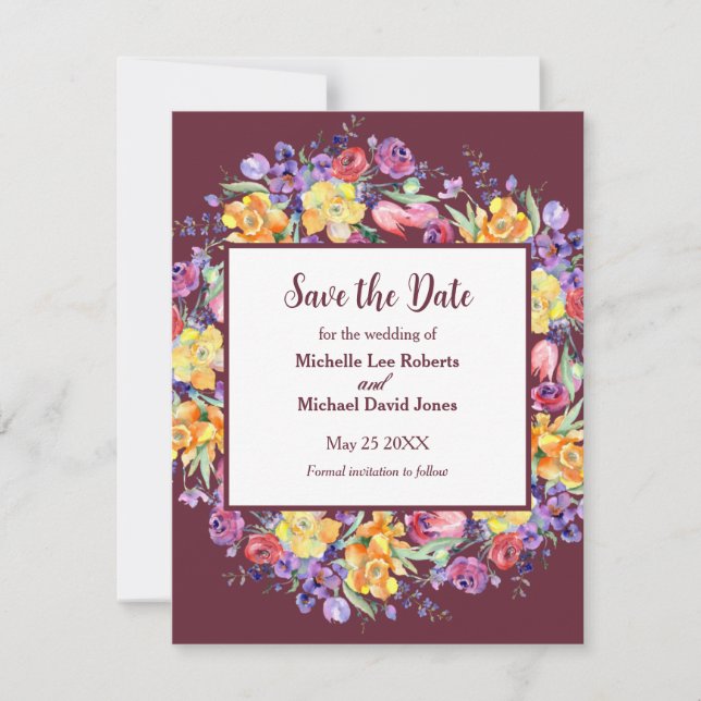 Floral Watercolor auf Burgund Save the Date Ankündigung (Vorderseite)