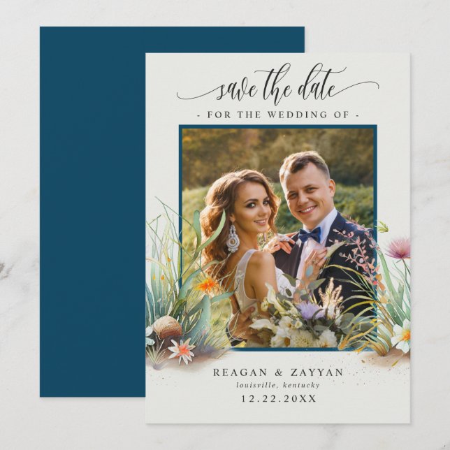 Floral Watercolor Beach Scene Foto Save the Date (Vorne/Hinten)