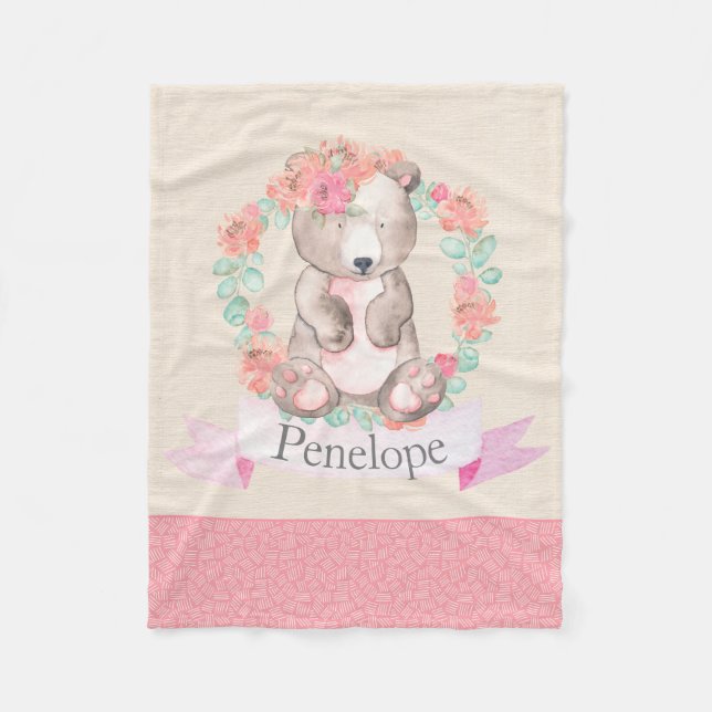 Floral Watercolor Bear Baby Kinderzimmer Baby Fleecedecke (Vorderseite)