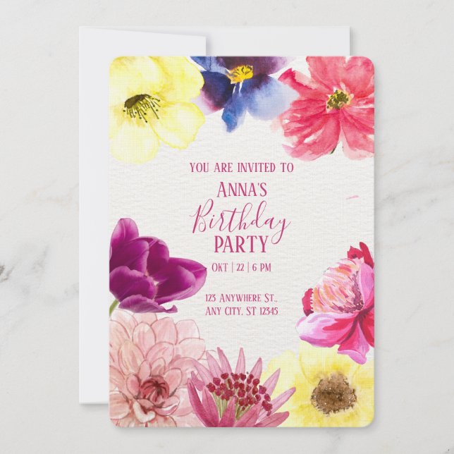 Floral Watercolor Birthday Invitation Einladung (Vorderseite)