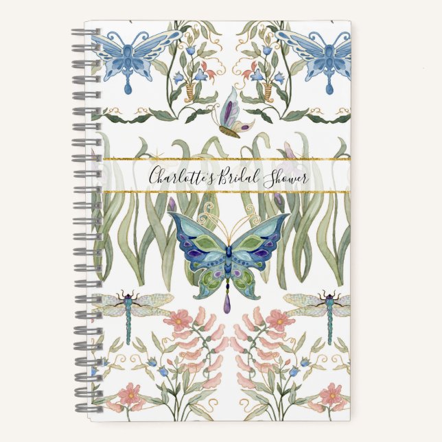 Floral Watercolor Blau und Pink Butterfly Bridal Notizbuch (Vorderseite)