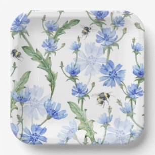 Floral Watercolor Blue Birthday Dusche Pappteller