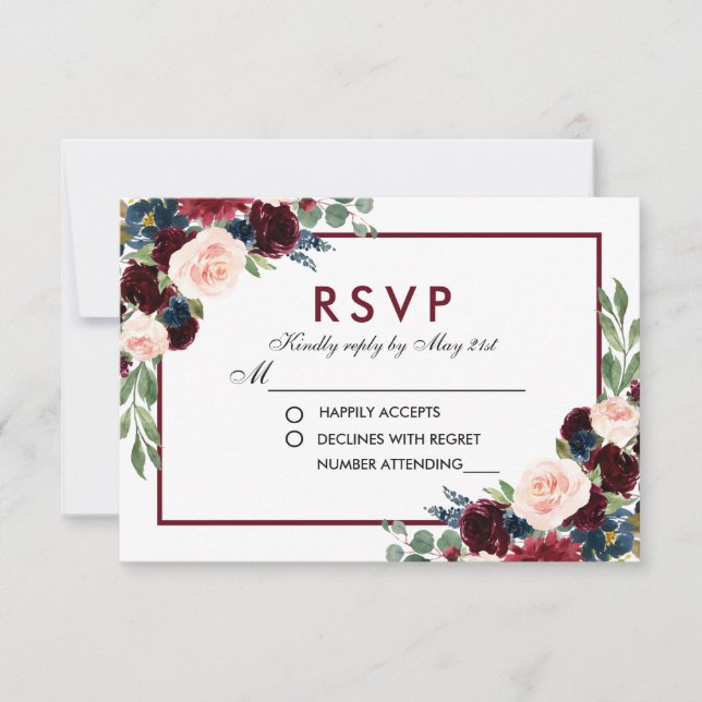 Floral Watercolor Blue Burgundy Wedding RSVP (Vorderseite)