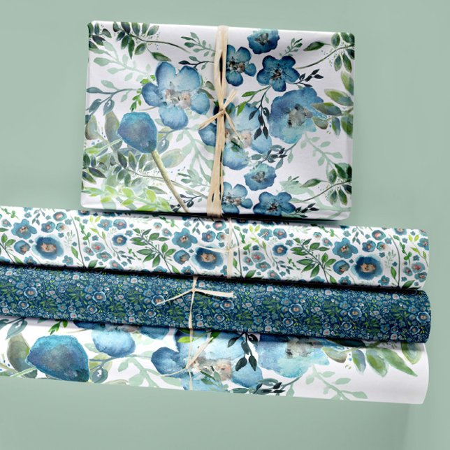 Floral Watercolor Blue Decoupage Geschenk Geschenkpapier Set (Watercolor Stylish Elegant Floral Greenery Wrapping Paper Sheets. Jenn Steffen-Studio Posies. )