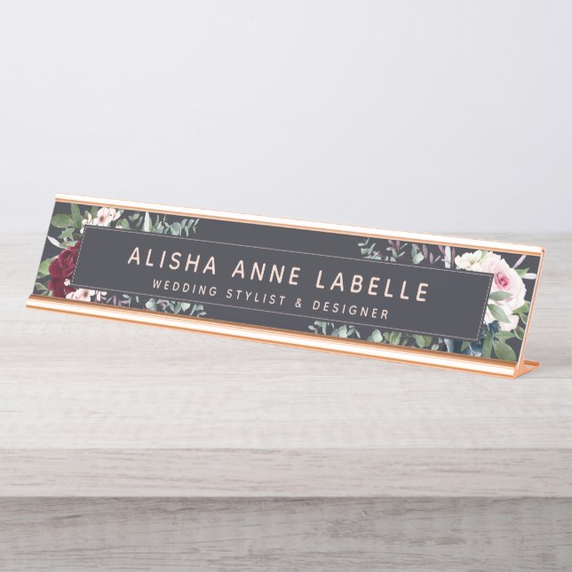 Floral Watercolor Blüten Dunkler Navy Grafit Schreibtischnamensplakette (Vorderseite )