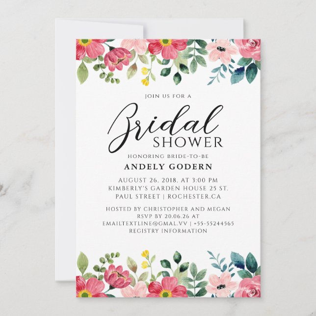 Floral Watercolor Bridal Shower Einladung (Vorderseite)