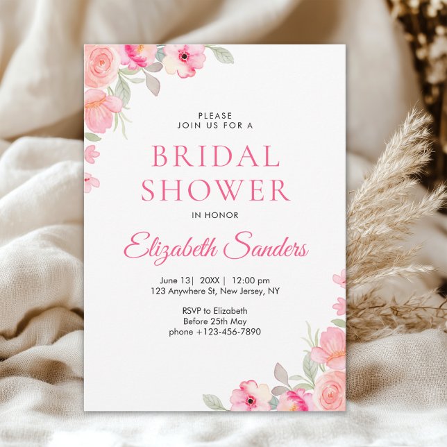 Floral Watercolor Bridal Shower | Pink Roses  Einladung (Von Creator hochgeladen)