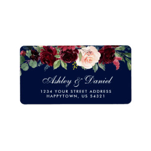 Floral Watercolor Burgundy Blue Wedding Address Adressaufkleber