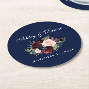 Floral Watercolor Burgundy Blue Wedding Runder Pappuntersetzer