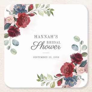 Floral Watercolor Burgundy Blush Brautparty Rechteckiger Pappuntersetzer