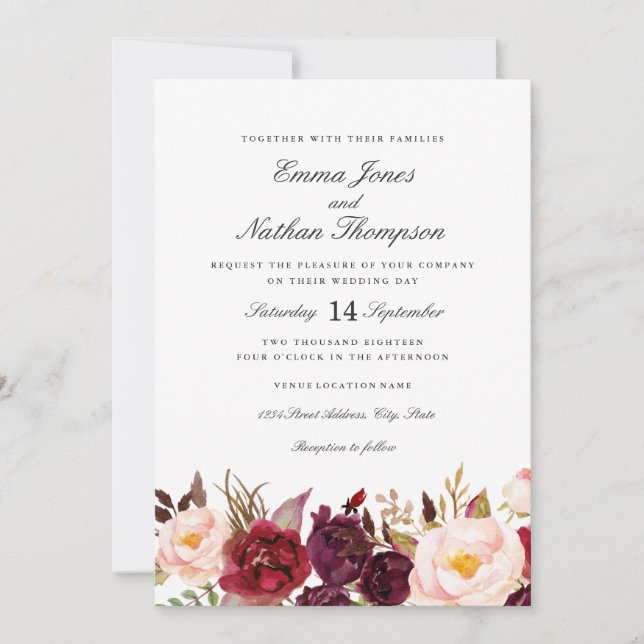 Floral Watercolor Burgundy Blush Wedding Einladung (Vorderseite)