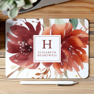 Floral Watercolor Burgundy Burnt Orange Monogram Mousepad
