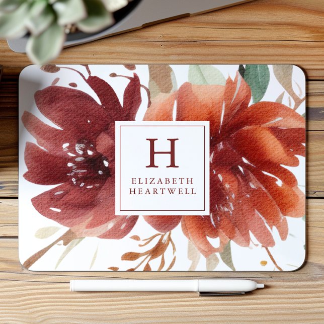 Floral Watercolor Burgundy Burnt Orange Monogram Mousepad (Von Creator hochgeladen)