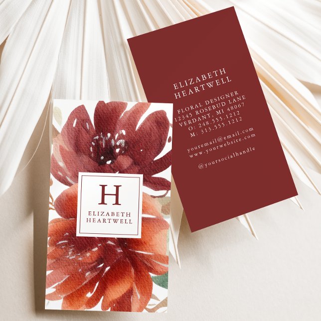 Floral Watercolor Burgundy Burnt Orange Monogram Visitenkarte (Von Creator hochgeladen)