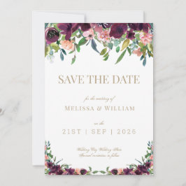 Floral Watercolor Burgundy Gold Floral Wedding Save The Date
