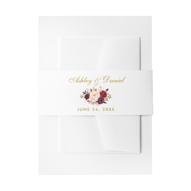 Floral Watercolor Burgundy Gold Wedding Einladungsbanderole (Vorderseite Beispiel)