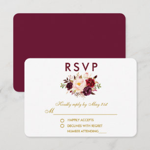Floral Watercolor Burgundy Gold Wedding RSVP Karte