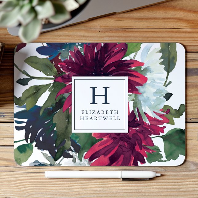 Floral Watercolor Burgundy Navy Blue Monogram Mousepad (Von Creator hochgeladen)