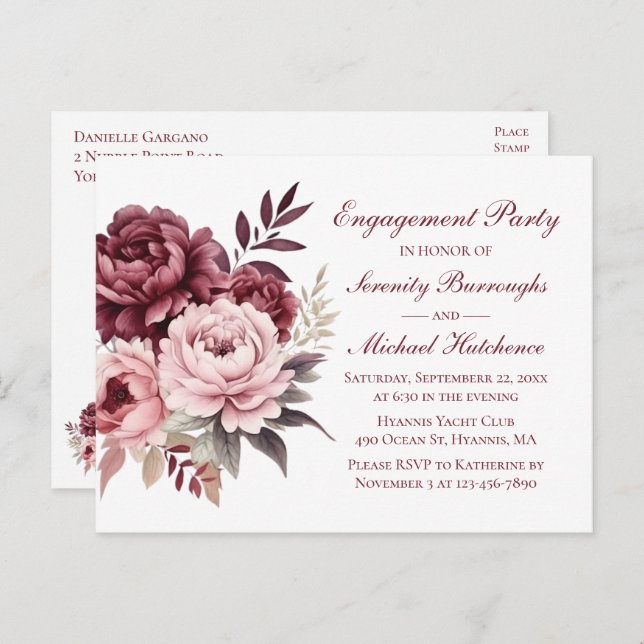 Floral Watercolor Burgundy Peony Engagement Party Postkarte (Vorne/Hinten)