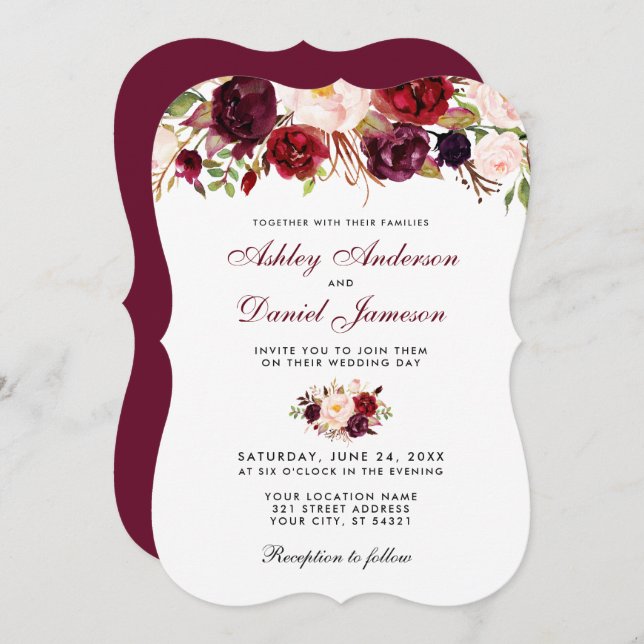 Floral Watercolor Burgundy Wedding Einladung B (Vorne/Hinten)