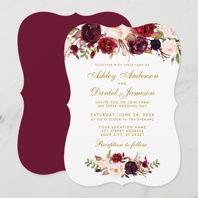Floral Watercolor Burgundy Wedding Einladung BGB (Vorne/Hinten)