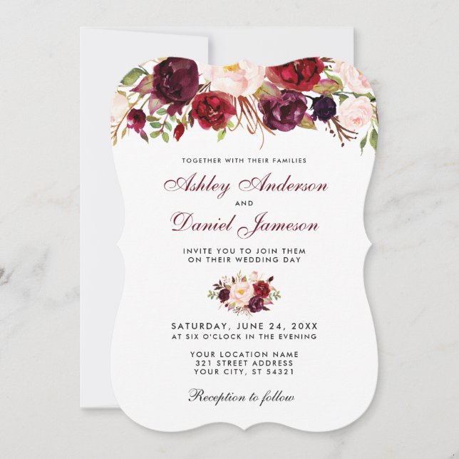 Floral Watercolor Burgundy Wedding Einladung BR (Vorderseite)