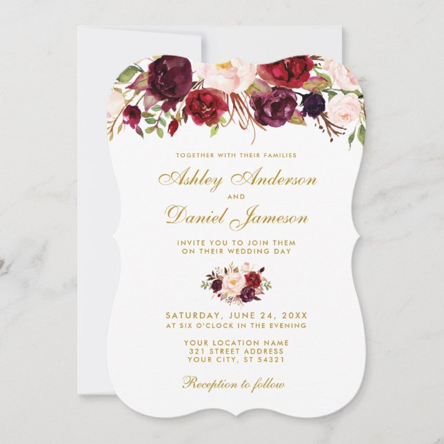 Floral Watercolor Burgundy Wedding Einladungs-Glut Einladung (Vorderseite)