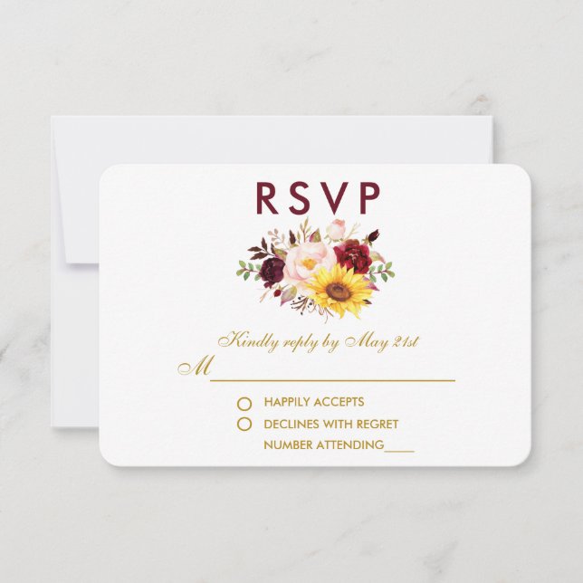 Floral Watercolor Burgundy Wedding Gold UAWG RSVP Karte (Vorderseite)