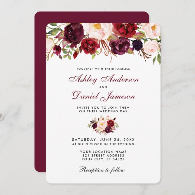 Floral Watercolor Burgundy Wedding Invasion R Einladung (Vorne/Hinten)