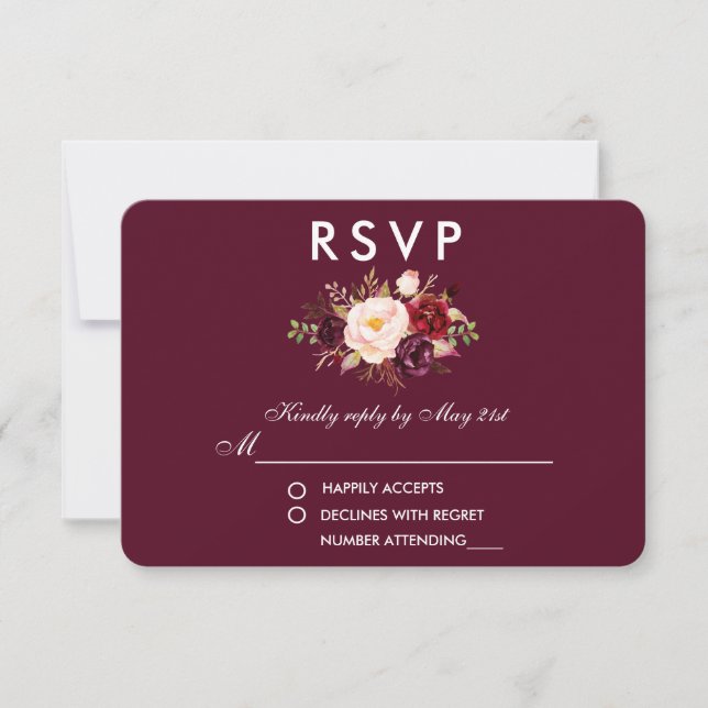 Floral Watercolor Burgundy Wedding RSVP (Vorderseite)