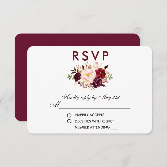 Floral Watercolor Burgundy Wedding RSVP Karte (Vorne/Hinten)