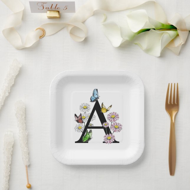 Floral Watercolor Butterfly Monogram Letter A Pappteller (Hochzeit)