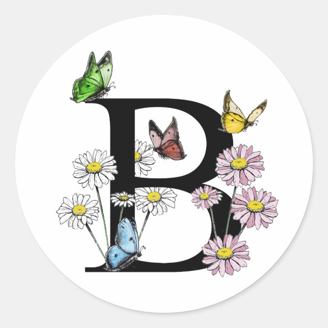 Floral Watercolor Butterfly Monogram Letter B Runder Aufkleber (Vorderseite)