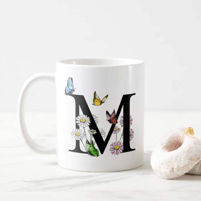 Floral Watercolor Butterfly Monogram Letter M Kaffeetasse (Mit Donut)