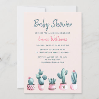 Floral Watercolor Cactus Pink Girl Baby Shower Einladung