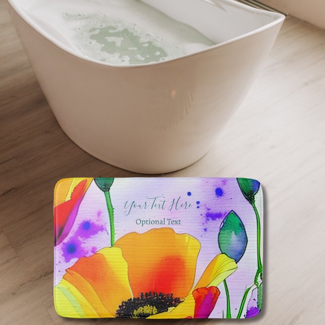 Floral Watercolor California Poppies Personalisier Badematte (Enjoy a relaxing spa day with this personalized California Poppies bath mat with purple background.)