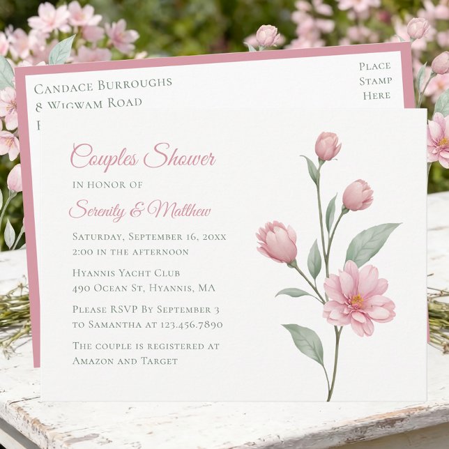 Floral Watercolor Dusty Rose Sage Couples Shower Einladungspostkarte (Von Creator hochgeladen)