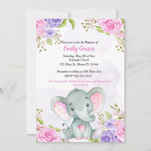 Floral Watercolor Elefant Girl Taufe Einladung