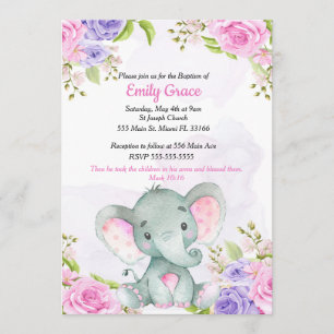 Floral Watercolor Elefant Girl Taufe Einladung