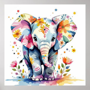 Floral Watercolor Elephant Poster