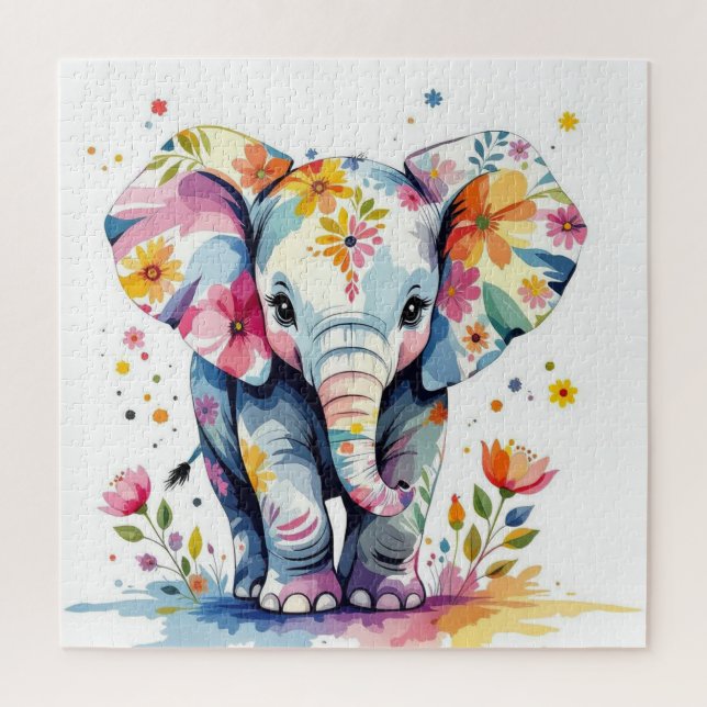 Floral Watercolor Elephant Puzzle (Vertikal)