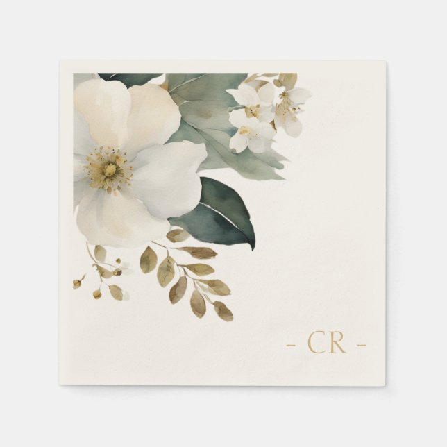 Floral Watercolor Foliage Initials Natural Ecru Serviette (Vorderseite)