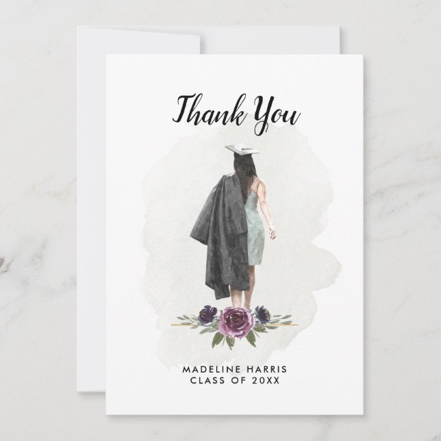 Floral Watercolor Girl Custom Foto Abschluss Dankeskarte (Vorderseite)