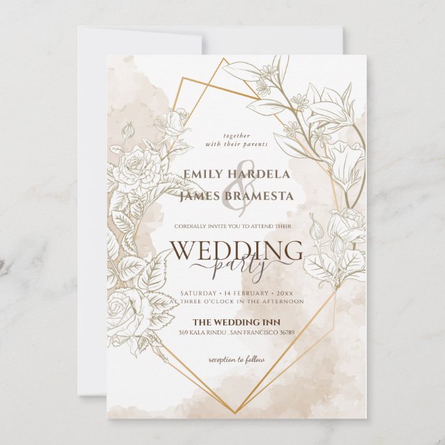 Floral Watercolor Gold Fremad Wedding Einladung (Rückseite)