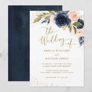 Floral Watercolor Gold Navy Hochzeit Einladung