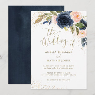 Floral Watercolor Gold Navy Hochzeit Einladung
